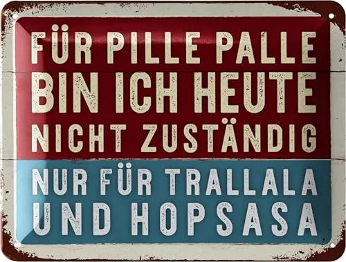 LANOLU Retro Blechschild- Trallala Hopsasa - Sprüche Poster aus Metall mit Zitat, Geschenke für Freundinnen, Lebensweisheiten in Shabby Deko Style, Sprüche vintage Metallschild 15x20cm
