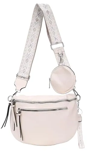 irisaa Umhängetasche Damen Crossbody Bag, 3 in 1 Schultertasche, Bauchtasche mit Reißverschluss und Verstellbarem breitem Gurt, Handtasche für Männer Frauen, DKB Farbe:Beige Doppel