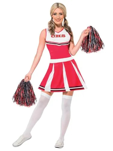 Smiffys Cheerleader Kostüm, Rot für Halloween und Karneval - Rotes Cheerleader Kostüm mit Kleid und Pom Poms, ideal für festliche Anlässe. Hergestellt mit geprüfter Qualität für unvergessliche Momente!