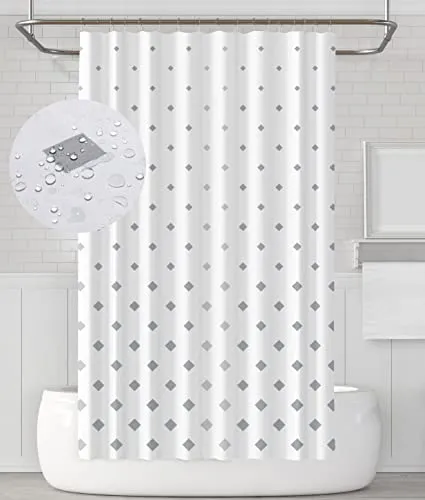 YOUNG DA - Duschvorhang Textil Weiß Grau Diamant, Anti-Schimmel Duschvorhang für Badezimmer, Waschbare, Wasserdichter mit 12 Duschvorhängeringen, 180x180 cm