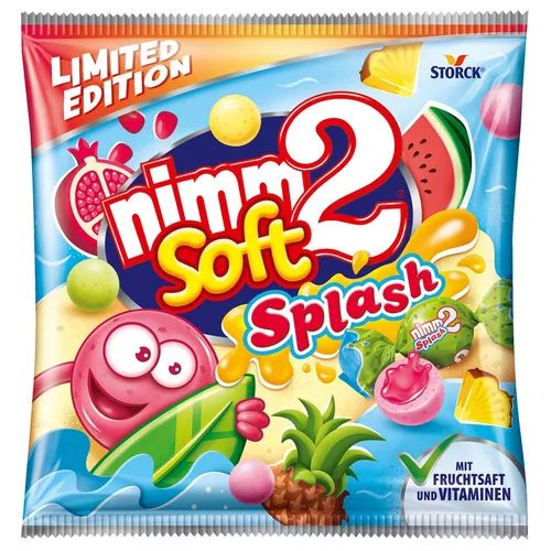 nimm2 soft Splash – Fruchtige Kaubonbons mit Vitaminen - Kaubonbons mit Fruchtsaft in den Geschmacksrichtungen Wassermelone, Granatapfel und Ananas. Ideal für unterwegs, einzeln verpackt und voller Vitamine – der perfekte Genuss für die ganze Familie!
