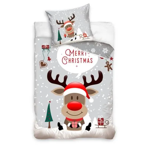 MTOnlinehandel Weihnachts Bettwäsche-Set 135x200 - Rentier Design - Bettwaren-Set für Kinder, bestehend aus 135x200 cm Bettbezug und 80x80 cm Kopfkissenbezug, aus 100% Baumwolle für hohen Komfort und Pflegeleichtigkeit.
