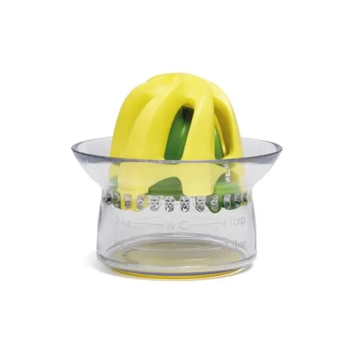 Chef'n Juicester Jr 2-in-1 Zitruspresse, Saftpresse für Zitronen, Limetten und Orangen, Zitronenpresse, Küchenhelfer Limettenpresse mit 2 Aufsätzen und Messbecher, Kunststoff, Mehrfarbig, 9 x 8 cm, Gelb