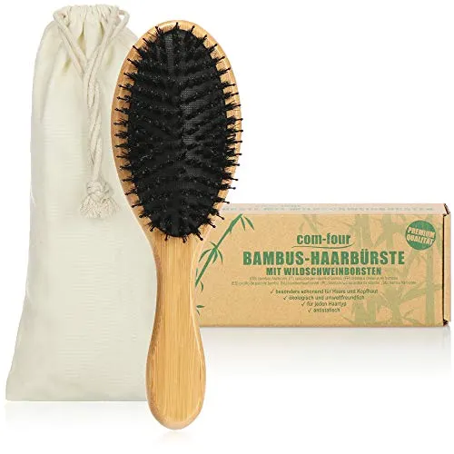 COM-FOUR® Premium Bambus-Haarbürste, Allzweck-Haarbürste aus nachhaltigem Bambusholz und Wildschweinborsten, Paddle Brush-Bürste für jeden Haartyp (1 Stück - Haarbürste Wildschwein)