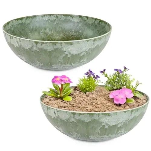 matches21 Pflanzschalen für draußen - 2 Vintage Dekoschalen grün marmoriert als Blumentopf Pflanztopf - Schale in 20 cm als Garten Vogeltränke Balkon-Deko oder Friedhof Grabschale