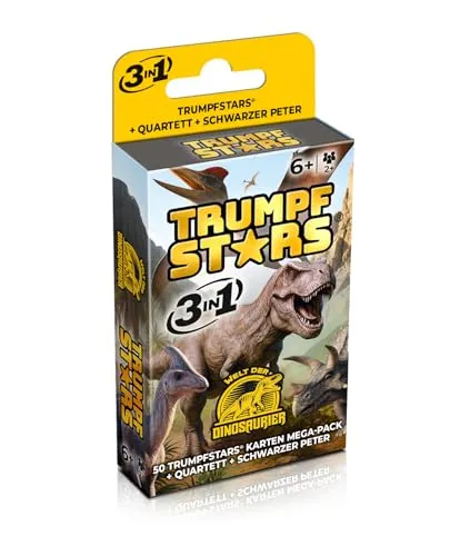 Trumpfstars Welt der Dinosaurier – 3in1 Kartenspiel - 50 Spielkarten mit echten Dino-Fakten – Trumpfspiel, Quartett & Schwarzer Peter – Lernspiel ab 6 Jahren, nachhaltig & ideal für unterwegs