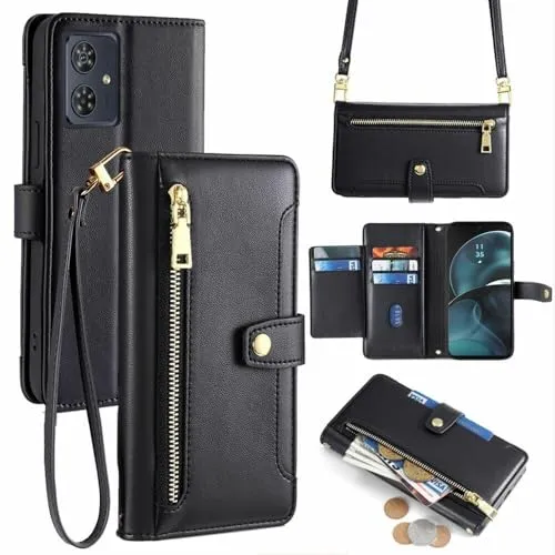 betterfon Hülle Kompatibel mit Motorola Moto G14 | Leder Handyhülle Praktische Handykette Kartenfächer Brieftasche Umhängetasche Kompatibel für Moto G14 | Schwarz