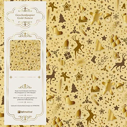 Geschenkpapier Weihnachten Gold Natura 10 Bogen 84 x 59 cm, Öko Recycling-Papier nachhaltig gedruckt, Weihnachtsgeschenkpapier Weihnachtspapier