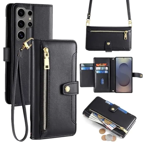 betterfon Handykette kompatibel mit Samsung Galaxy S25 Ultra | Leder Handyhülle mit Kartenfächern | Handyhülle zum Umhängen | Schwarz