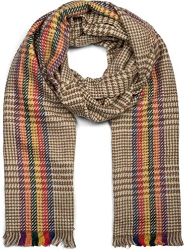styleBREAKER Damen weicher Schal mit Pepita Hahnentritt Muster, bunten Streifen und Fransen, Winter, Stola 01017121, Farbe:Hellbraun-Beige