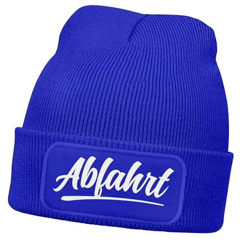 MoonWorks® Damen Beanie mit Patch Skifahren Strickmütze mit Spruch Aufdruck Abfahrt Damenmütze Blau Unisize