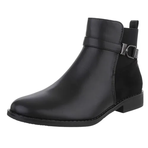 Ital-Design Elegante Damen Stiefeletten mit Schnalle - Wanderschuhe, stilvolle Blockabsatz Chelsea Boots in Schwarz, ideal für Herbst/Winter mit bequemem Reißverschluss und angesagtem Design.