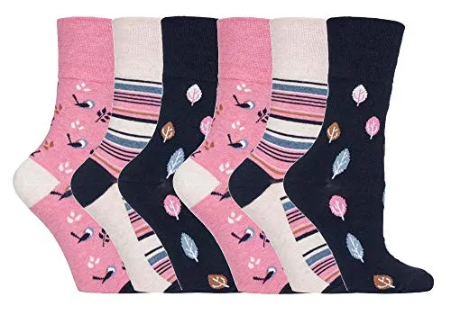 Gentle Grip - 6er Pack Damen Baumwolle Reine Bunt Muster Ohne Gummi Socken mit Design (37-42 EU, GG168 Birds/Leaves)