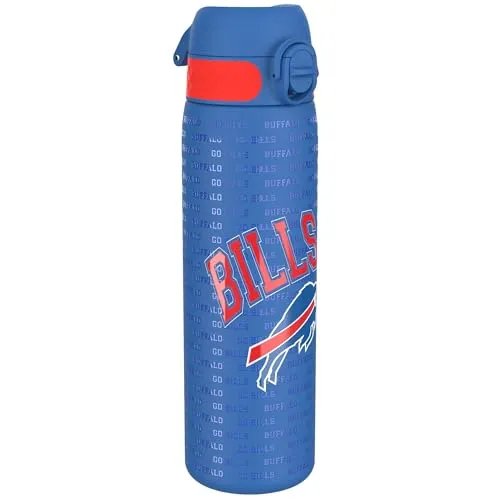 ion8 NFL Buffalo Bills Leichte Edelstahl Trinkflasche, 600 ml/20 oz, nicht isoliert, auslaufsicher, leicht zu öffnen, sicherer Verschluss, spülmaschinenfest, Klappdeckel, passt in Getränkehalter
