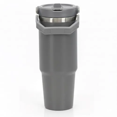 Thermobecher aus Edelstahl 0,9l Isolierbecher mit ausklappbaren Strohhalm Thermo Trinkbecher Auslaufsicher Kaffeebecher Thermosflasche (Grau)