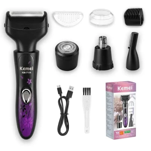 KEMEI Elektrischer Rasierer Damen 4-in-1,Wiederaufladbarer Gesichtsrasierer | Bikini Trimmer, Intimrasierer Frauen für Bikinizone, Gesicht, Beine & Achseln – Sanfte Haarentfernung(Schwarz)