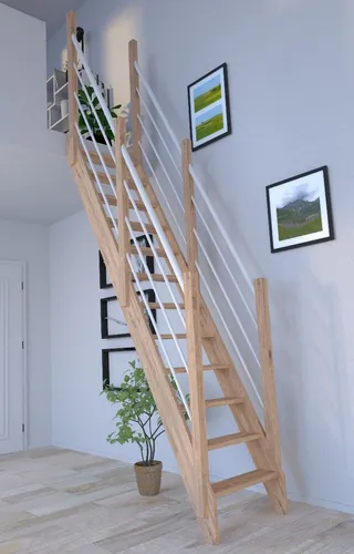 Starwood Raumspartreppe Eiche 3000 mit Holz-Edelstahlgeländer - Hochwertige Raumspartreppe aus Eichenleimholz, ideal für individuelle Gestaltung. Mit beidseitigem Holz-Edelstahlgeländer für sicheren Halt. Perfekt für Geschosshöhen bis 279,5 cm und Deckenöffnungen ab 59,5 x 120 cm.