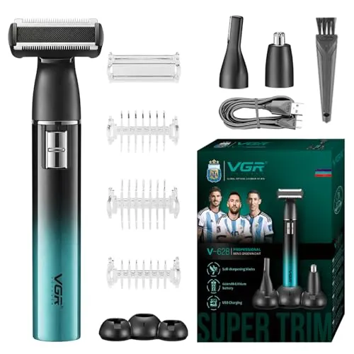 VGR 628 3 in 1 Körperrasierer Herren, Kabelloser Intimrasierer Mann, Nasenhaartrimmer Herren und Body Groomer Men mit Basis, Geeignet für Brust, Beine, Achselhöhlen, Nase und Gesicht, IPX5, Grün
