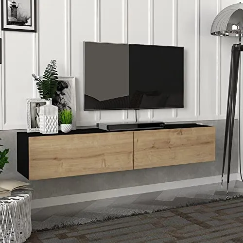 [en.casa] Fernsehschrank Toivakka - Modernes Lowboard in Schwarz/Eiche - TV-Halterungen: Schwebendes Design mit 2 Staufächern, ideal für platzsparende und ordentliche Aufbewahrung von Mediengeräten.