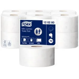 Tork 120280 Toilettenpapier Mini Jumbo 2-lagig - Toilettenpapier Großrolle mit 850 Blatt pro Rolle, ideal für viel frequentierte Waschräume, bietet hohe Zeiteffizienz und geringe Kosten.