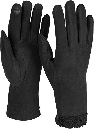 styleBREAKER Damen Touchscreen Handschuhe mit Teddyfell am Saum und Fleece Futter, warme Fingerhandschuhe, Winter 09010034, Farbe:Schwarz