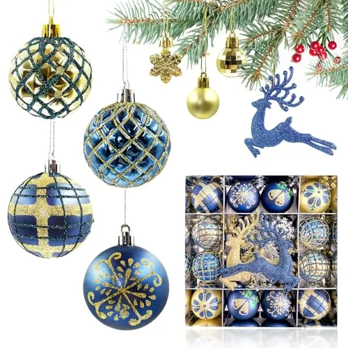 JoryHeim 45er Set Weihnachtskugeln Kunststoff Blau Gold, Christbaumschmuck Set mit Aufhängen, Christbaumkugeln Bunt, Mehrweg Weihnachtsbaum, Glänzend Weihnachtsbaumkugeln für Party, Haus Dekoration