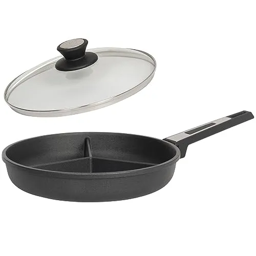 SKK 2-tlg. Gusspfanne Ø 28 cm 3-fach geteilt - Antihaft beschichtete Pfanne ideal zum Braten dreierlei Speisen & Deckel aus Glas - Made in Germany