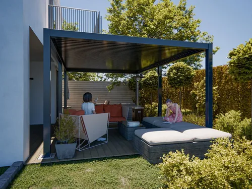 Alu-Pergola Terra elektrisch von Outgarden - Stilvolle Aluminium-Pergola für den Garten, bietet Schutz und Komfort mit einem eleganten Flachdach. Ideal für entspannte Stunden im Freien.
