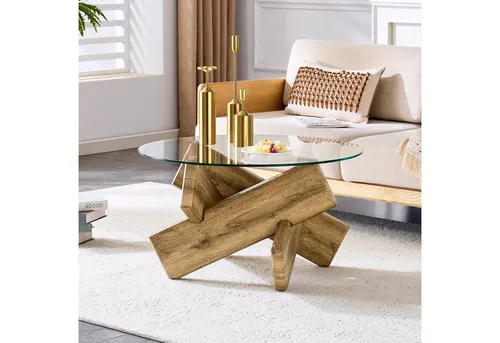 Redom Couchtisch aus Holzwerkstoff mit Glasplatte, Ø79 cm - Eleganter Couchtisch mit runder, 0,8 cm dicker Glasplatte und filigranem MDF-Untergestell in Holzoptik. Ideal für kleinere Wohnräume, bietet er ausreichend Ablagefläche und verleiht Ihrem Wohnzimmer eine moderne Note.
