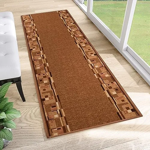 TAPISO Anti Rutsch Teppich Läufer rutschfest Brücke Meterware Modern Hellbraun Braun Vierecke Figuren Design Flur Küche Wohnzimmer 100 x 120 cm