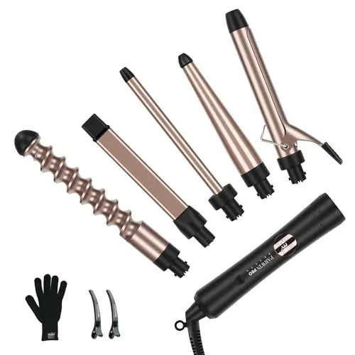 Lockenstab 5 in 1 PARWIN PRO BEAUTY Multifunktions Austauschbare Lockenstab Große und Kleine Kit mit Keramik Turmalin und 140–230 °C Einstellbarer Temperatur mit LCD Display Roségold