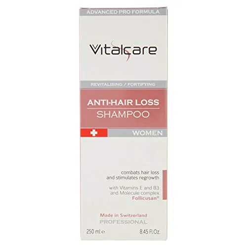 Produktbild Vitalcare | Swiss – Shampoo gegen Haarausfall, für Damen, revitalisierendes und stärkendes Shampoo, gegen Haarausfall, mit Vitaminen E, B3 und Follicusan Molekülkomplex, 250 ml
