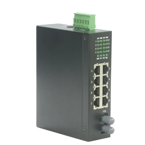 ROLINE Industrie Switch 8 Ports - Unmanaged Switch mit 7 x 10/100 und 1 x 100Base-FX, ideal für industrielle Anwendungen und platzsparend an DIN-Schiene montierbar.