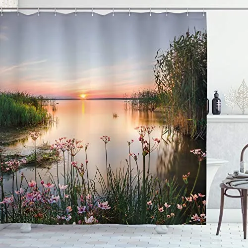 ABAKUHAUS Natur Duschvorhang, Sonnenuntergang am Chudskoy See, mit 12 Ringe Set Stielvoll Modern, 175x200 cm, Baby Blue Hellrosa