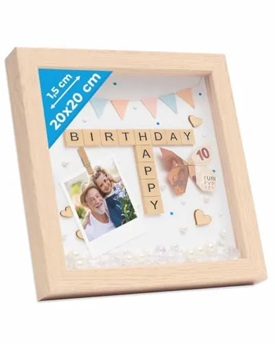 PHOTOLINI 3D Bilderrahmen zum Befüllen 20x20 Natur, 1,5 cm tiefer Objektrahmen mit Glas, tiefer Bilderrahmen 20x20 Holz MDF mit Passepartout, Dicker 3D Rahmen befüllbar für Gegenstände Geschenk