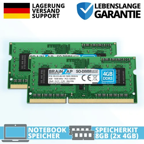 8GB DDR3 RAM SO-DIMM PCL-12800S 1Rx8 1600 MHz 1.5V Notebook Speicher (2x 4GB)