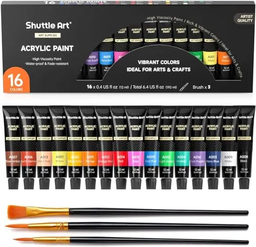 Shuttle Art Acrylfarbe Set, 16 x12ml (0.4 oz) Tuben Künstlerqualität ungiftig reiche Pigmente geeignet für Kinder Erwachsene Profession Malen auf Leinwand Holz Lehm Textil Keramik Handwerk