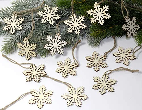 LB H&F 14er Set Christbaumanhänger Holz Christbaumschmuck Schneeflocke Natur DY (L)