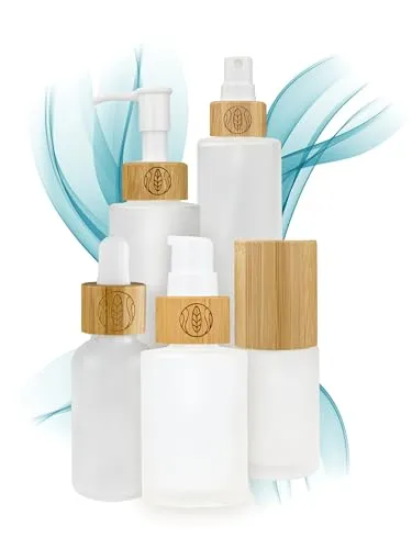 Pumpspender Glas 30 ml zum Befüllen, 5 Stück Cremespender leer mit Bambusverschluss und Gravur, exaktes Dosieren Deiner Gesichtspflege