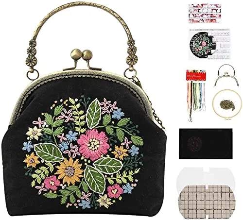 Namvo Stickerei Starter Kit, Vintage Handtasche Tasche Stickpackung mit Muster und Anleitung Bambus Stickrahmen F?den und Werkzeug