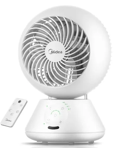 Midea MDF24JRW Tischventilator, 28 dB, Durchmesser 20 cm, für Luftzirkulation, Reichweite 18 m, Oszillation 120° + 105°, 5 einstellbare Geschwindigkeiten, Timer 15 Stunden mit Fernbedienung, für