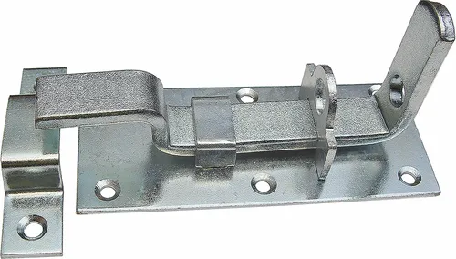 Türschloßriegel 130/60 gekröpft mit Schlaufe - Robuster Türriegel aus verzinktem Stahl, ideal für sichere Türabschlüsse. Mit Öse für Vorhängeschloss und einfacher Montage durch versenkte Schraublöcher.
