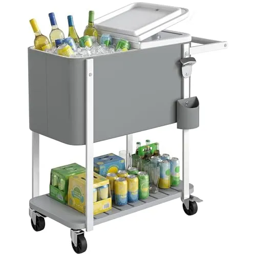 Outsunny Kühlwagen mit 56L Kapazität Servierwagen mit Rollen, Flaschenöffner, unterer Ablage, Griff mobiler Getränkewagen, Kühlbox, Getränkekühler, Beistellwagen für Outdoor Party & BBQ, Grau