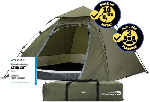 Lumaland Pop Up Kuppelzelt - In 10 Sekunden aufgebaut - Kuppelzelt für 3 Personen, robust und wasserfest, ideal für Camping und Festivals. Schneller Aufbau in nur 10 Sekunden!