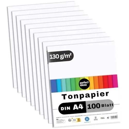 perfect ideaz - 100 Blatt Tonpapier DIN-A4, Weiß, 130 g/m², made in Germany, Blauer Engel zertifiziert