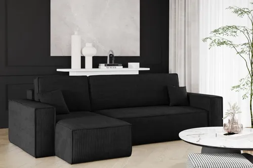 Kaiser Möbel Ecksofa BEST Dicker Cord Schwarz mit Schlaffunktion - Sofa L-Form mit Bettkasten, ideal für Familien und Gäste. Komfortabel mit Wellenfedern und einfachem Entfaltungsmechanismus für zusätzlichen Schlafplatz.