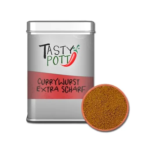 Tasty Pott Currywurst – extra scharf - Dose | Currygewürz | Gewürzmischung | Mit Koriander | Für Currysoße | Gewürz | Mit Kurkuma Chili und Kümmel | Pikante Mischung 70g Dose