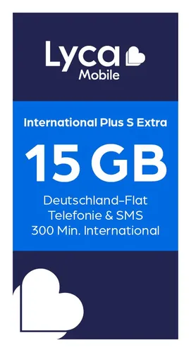 Lyca Mobile International Plus S Extra Prepaidkarte, (15 GB EU-Roaming, 300 Min. in 100 Länder, Allnet-Flat für Deutschland)