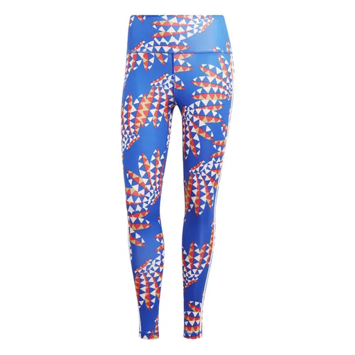 adidas Sport-Leggings Farm Rio 7/8 Tight blau/orange Damen, Größe: M - adidas Tennisbekleidung mit fröhlichem kaleidoskopartigen Print und feuchtigkeitsabsorbierender AEROREADY Technologie für ein frisches Tragegefühl beim Workout.