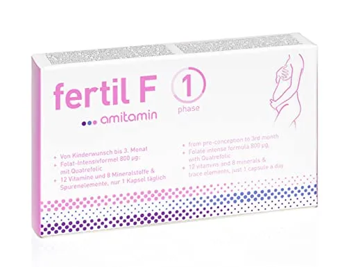 amitamin© fertil F 1 | Folsäure Komplex Kapseln | Kinderwunsch u. Schwangerschaft | hochdosiert | 800 ug Folsäure Quatrofolic©, Kalzium, Eisen, Jod, Zink + 15 Nährstoffe | für Ihr Baby | 30 Kapseln